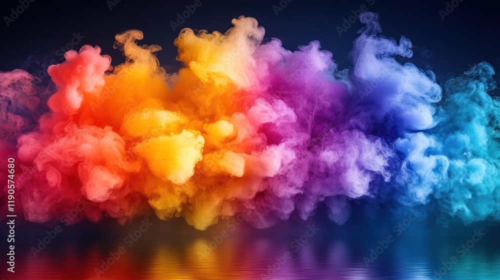 Vibrant rainbow colored smoke cloud reflecting on dark surface.
