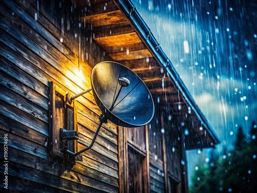 Black Satellite Dish on House Wall, Rain Drop Long Exposure Photography photo