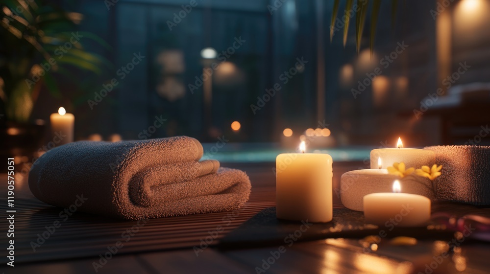 Table with candles towels and flowers Table with candles towels and flowers
