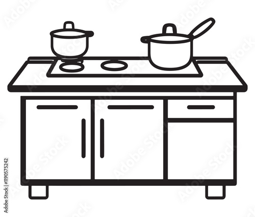 A black and white drawing of a kitchen, Line art kitchen furniture set