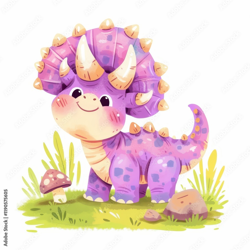 Naklejka premium Adorable Purple Triceratops Dinosaur Cartoon Illustration Cute Baby Dino in Grassland
