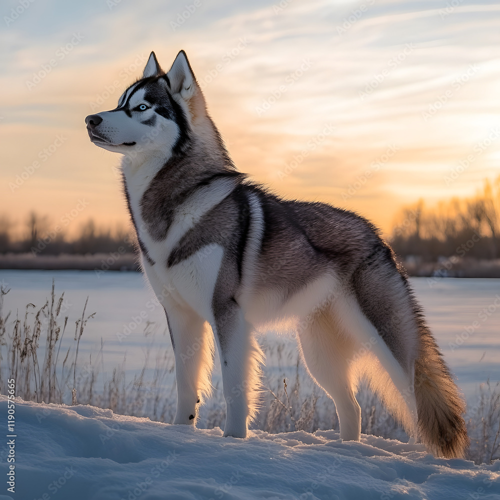 Naklejka premium Majestic husky dog standing proudly in a snowy landscape at sunset. The warm light illuminates its fur.