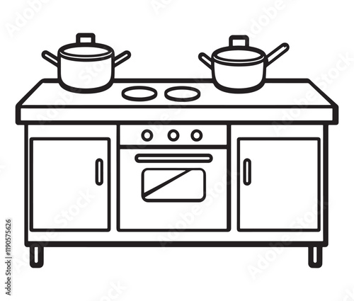 A black and white drawing of a kitchen, Line art kitchen furniture set