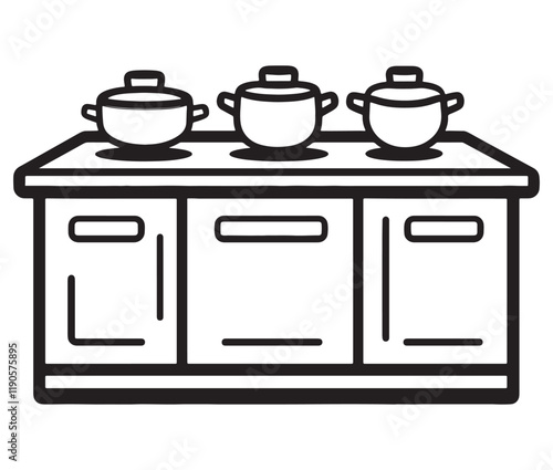 A black and white drawing of a kitchen, Line art kitchen furniture set