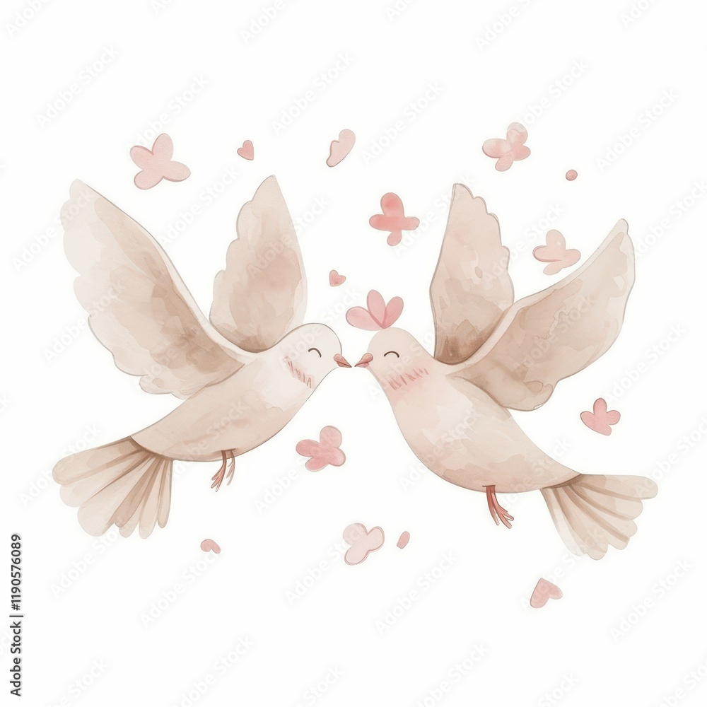 Obraz premium Watercolor Painting of Two Doves in Love Romantic Birds Wedding Illustration Floral Design