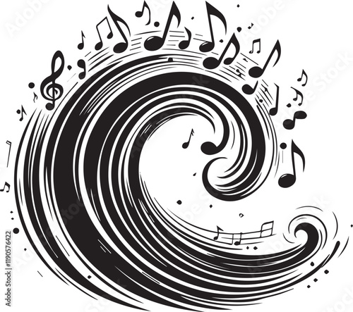 Music notes wave silhouette on white background