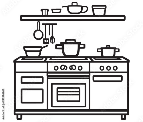 A black and white drawing of a kitchen, Line art kitchen furniture set