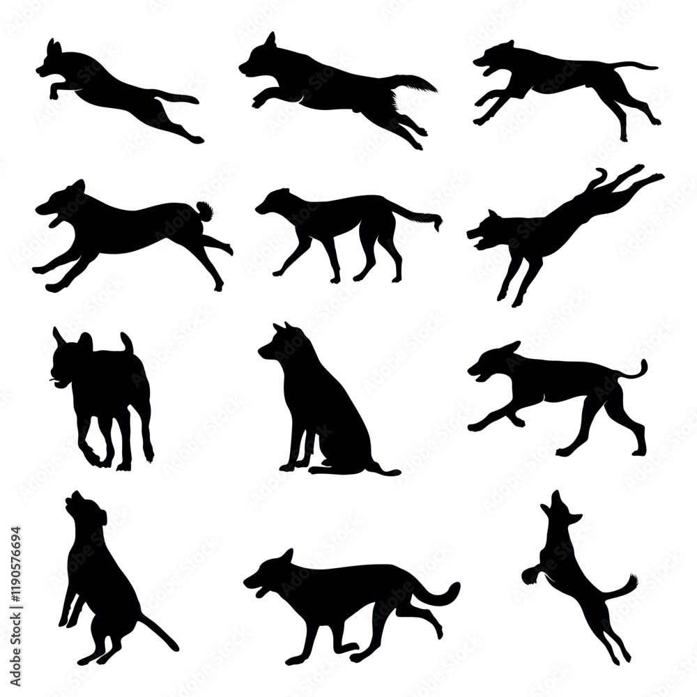 Obraz premium Set of dog silhouettes vector. Dog silhouette vector illustration. silhouette de chiens. Deer silhouette 