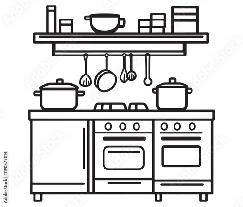 A black and white drawing of a kitchen, Line art kitchen furniture set