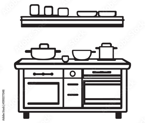 A black and white drawing of a kitchen, Line art kitchen furniture set