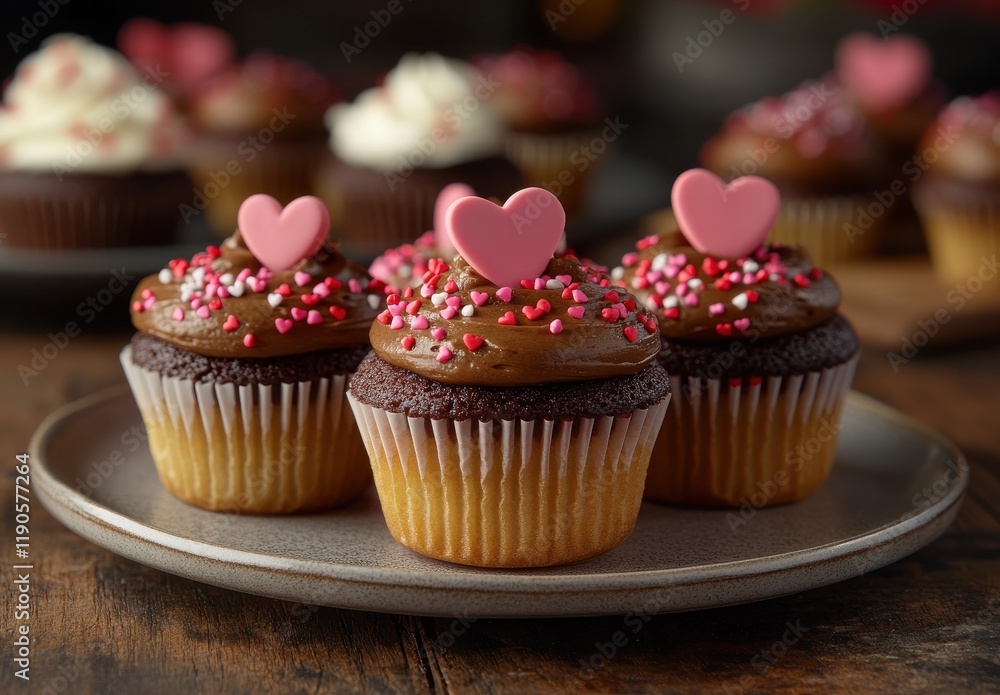 Delicious chocolate cupcakes topped with pink heart-shaped decorations and festive sprinkles on a rustic wooden table, perfect for celebrations and sweet treats. Delicious chocolate cupcakes topped with pink heart-shaped decorations and festive sprinkles on a rustic wooden table, perfect for celebrations and sweet treats.