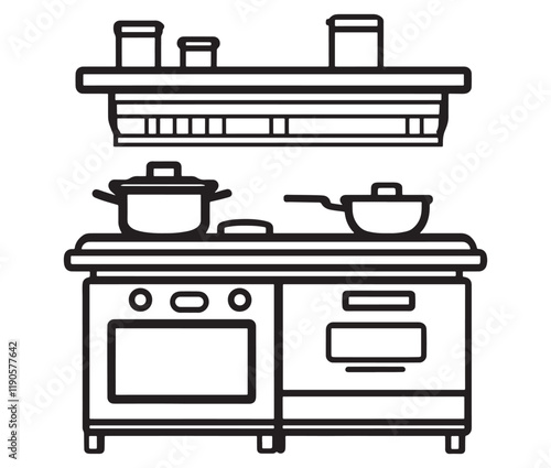 A black and white drawing of a kitchen, Line art kitchen furniture set