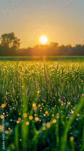 Tranquil Sunrise Over a Dew-Kissed Grass Field, Bathed in Soft Morning Light and Vibrant Colors, Capturing the Peaceful Beauty of Nature