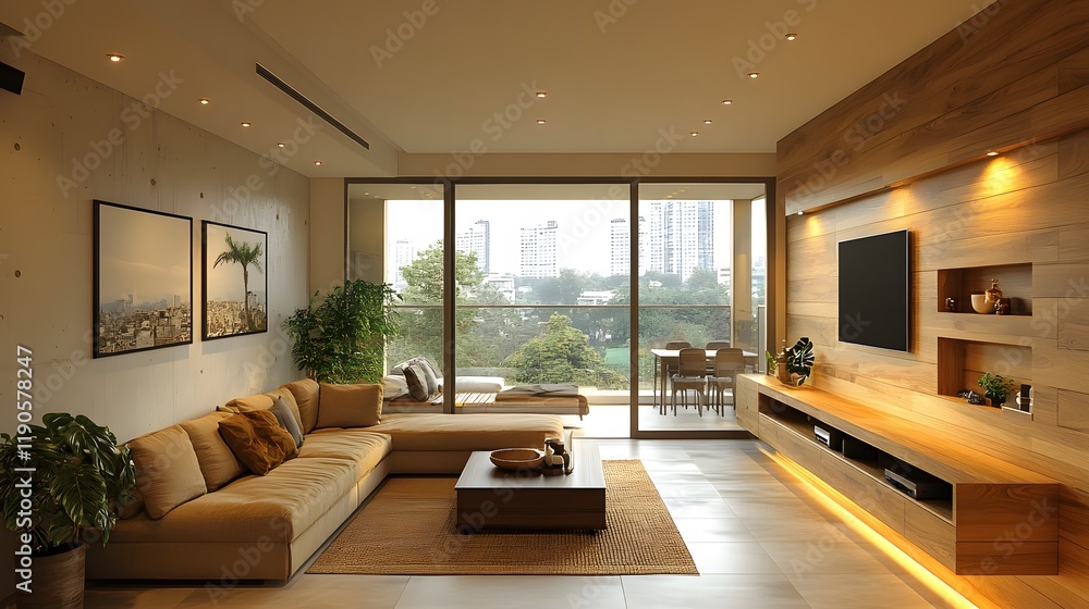 Fototapeta premium Minimalist condominium interior with an eco-friendly design and natural materials