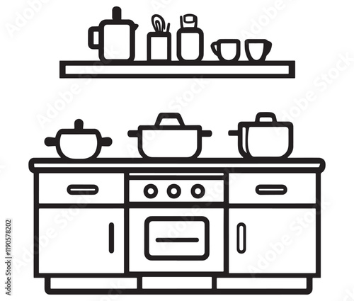 A black and white drawing of a kitchen, Line art kitchen furniture set