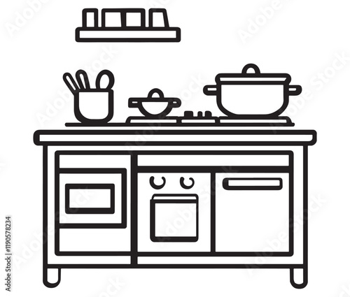 A black and white drawing of a kitchen, Line art kitchen furniture set