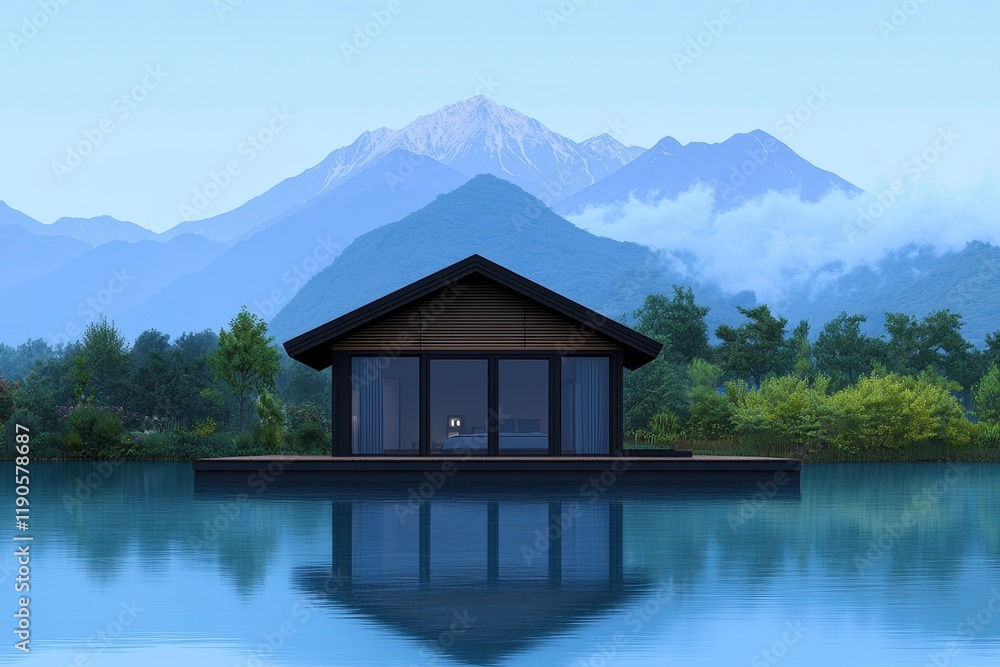 Fototapeta premium Serene Mountain House on Calm Water with Stunning Landscape View