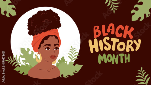 Black History Month poster. Cute African American woman with leaves and lettering in colors flag. Vector illustration. Flat Horizontal background template. Annual celebration in USA, Canada, UK
