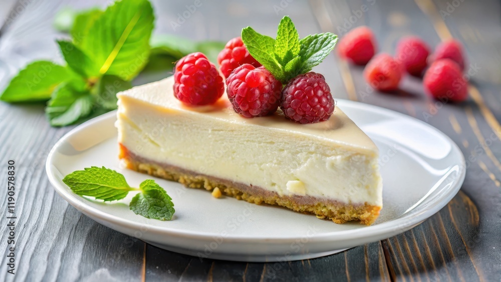 Creamy cheesecake slice with a dollop of whipped cream and fresh raspberries on top, garnished with a sprig of mint in a elegant dessert plate presentation , raspberry, fresh fruit Creamy cheesecake slice with a dollop of whipped cream and fresh raspberries on top, garnished with a sprig of mint in a elegant dessert plate presentation , raspberry, fresh fruit