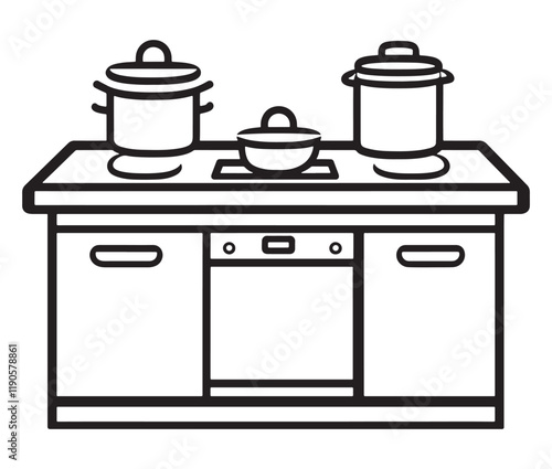 A black and white drawing of a kitchen, Line art kitchen furniture set
