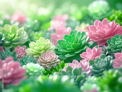 A detailed shot of a succulent with plump, fleshy leaves in shades of green and pink. photo