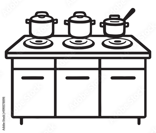 A black and white drawing of a kitchen, Line art kitchen furniture set