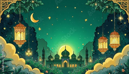 A vibrant Idul Fitri 2025 background with green and gold tones, featuring traditional Islamic motifs, crescents, and lanterns for a festive touch. photo