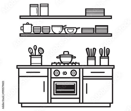 A black and white drawing of a kitchen, Line art kitchen furniture set