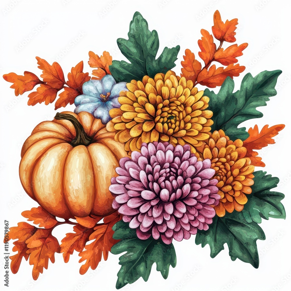 Fototapeta premium Autumn Harvest Pumpkin Chrysanthemum Flowers and Fall Leaves Composition