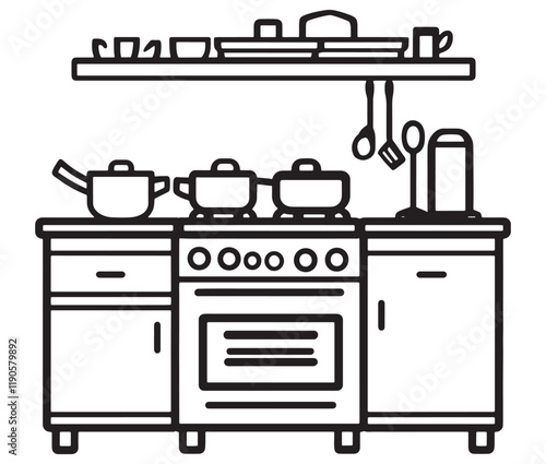 A black and white drawing of a kitchen, Line art kitchen furniture set