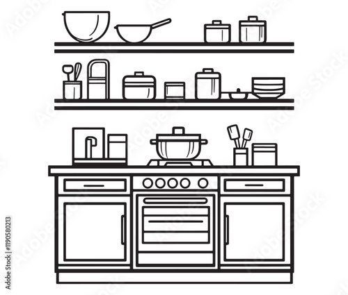 A black and white drawing of a kitchen, Line art kitchen furniture set
