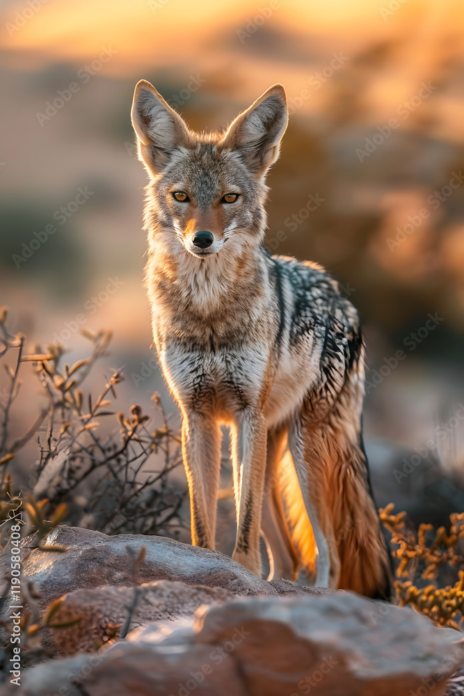 Majestic Jackal at Twilight: A Glimpse into Desert Wilderness and Natural Adaptability Majestic Jackal at Twilight: A Glimpse into Desert Wilderness and Natural Adaptability