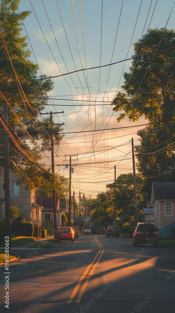 Naklejka premium Peaceful Summer Evening on a Quiet Street with Power Lines and Warm Sunset Light, Capturing the Tranquil Urban Landscape