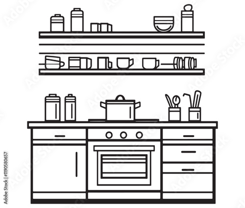 A black and white drawing of a kitchen, Line art kitchen furniture set