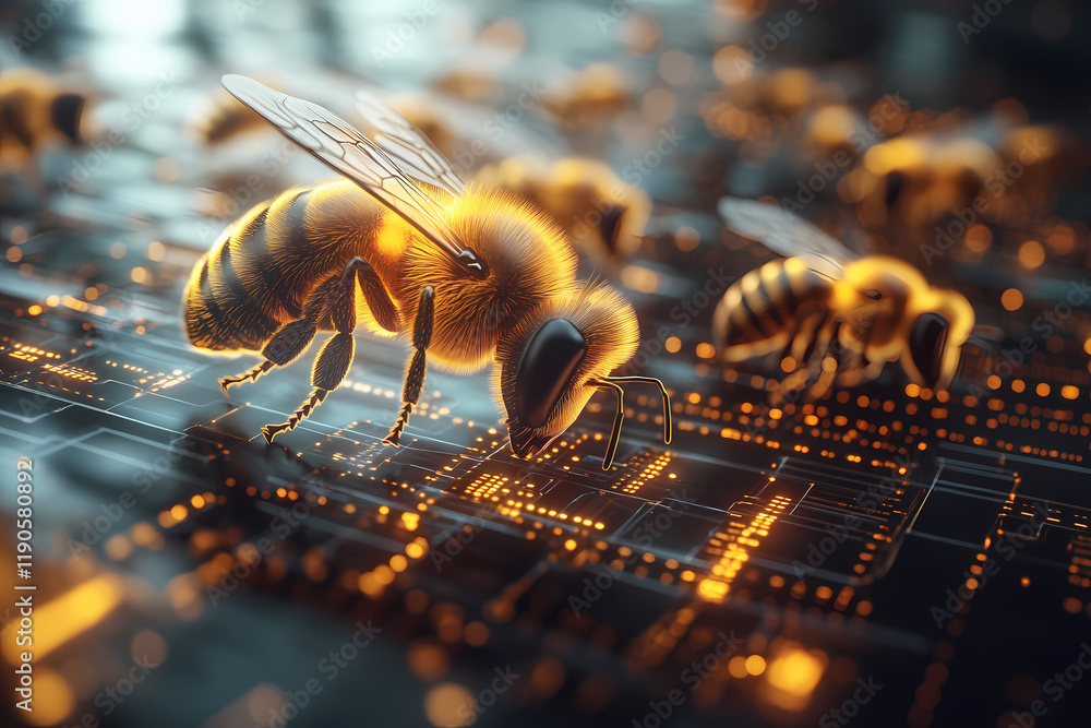 A glowing hive with digital bees producing neon honey, symbolizing collaboration and ecosystem restoration A glowing hive with digital bees producing neon honey, symbolizing collaboration and ecosystem restoration