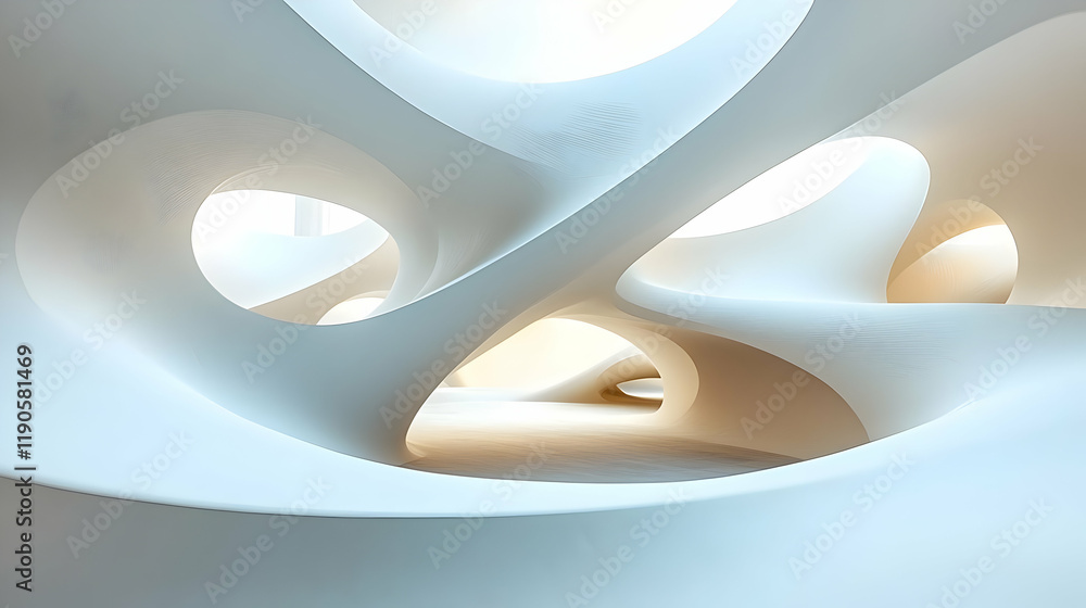 Obraz premium Abstract architectural rendering of a white organic structure with curved walls and soft lighting, creating a dreamy and surreal atmosphere.