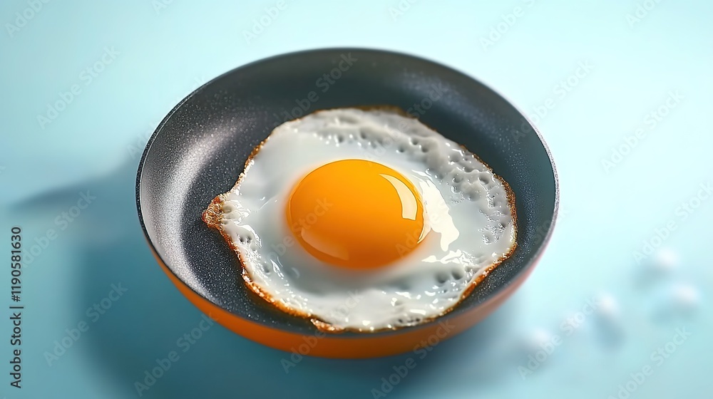 A single fried egg in the center of an orange and black frying pan, against a pastel blue background. A single fried egg in the center of an orange and black frying pan, against a pastel blue background.