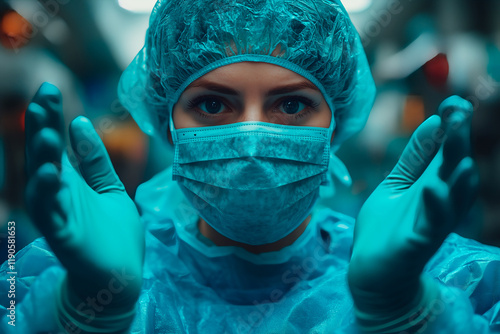 Doctor prepared for surgery, dressed in sterile clothing, looking fixedly at the camera.