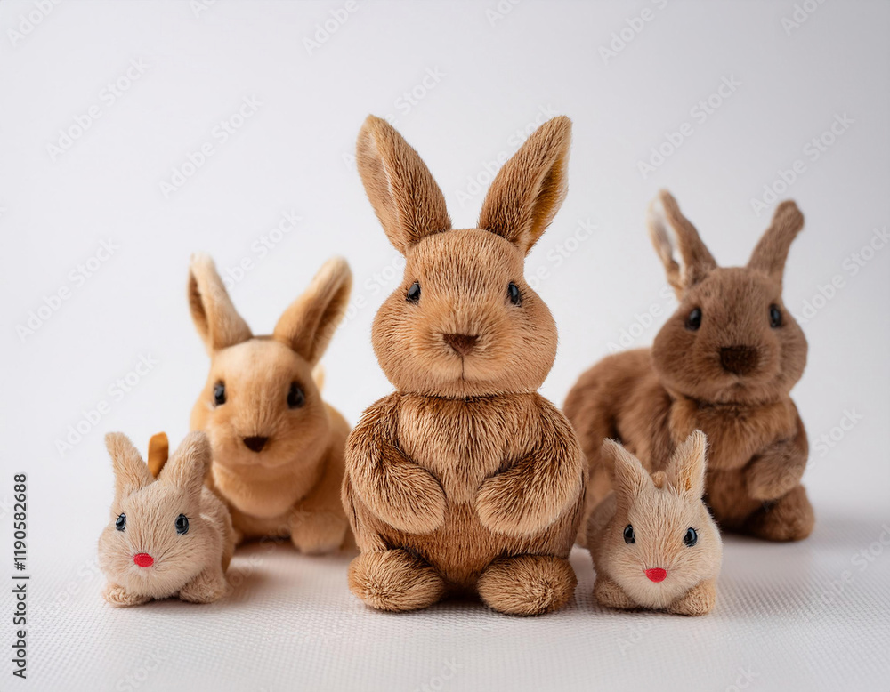 Fototapeta premium Five plush bunnies of varying sizes and shades of brown are arranged in a row against a white background. 