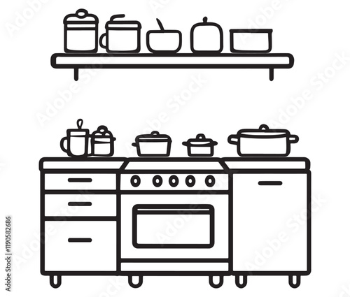 A black and white drawing of a kitchen, Line art kitchen furniture set