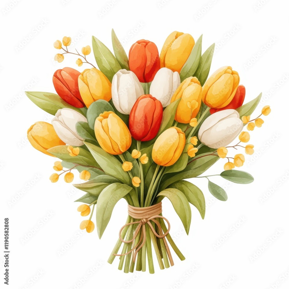 Vibrant Spring Tulip Bouquet Watercolor Illustration of Yellow Orange and White Tulips with Mimosa Vibrant Spring Tulip Bouquet Watercolor Illustration of Yellow Orange and White Tulips with Mimosa