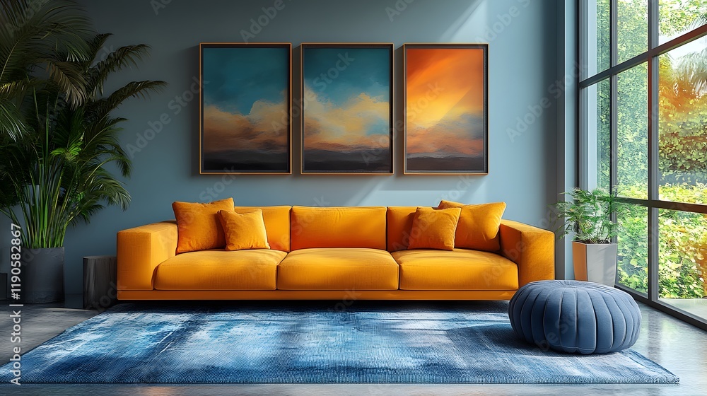 Fototapeta premium Isometric 3D render of a trendy modern living space with artistic furniture and vibrant accents