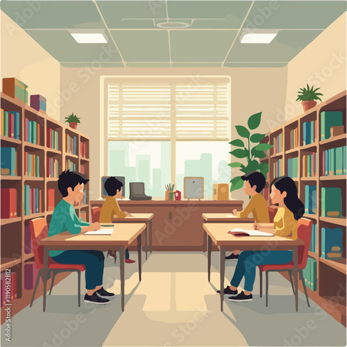 School Library Illustration vector design, Students in Library