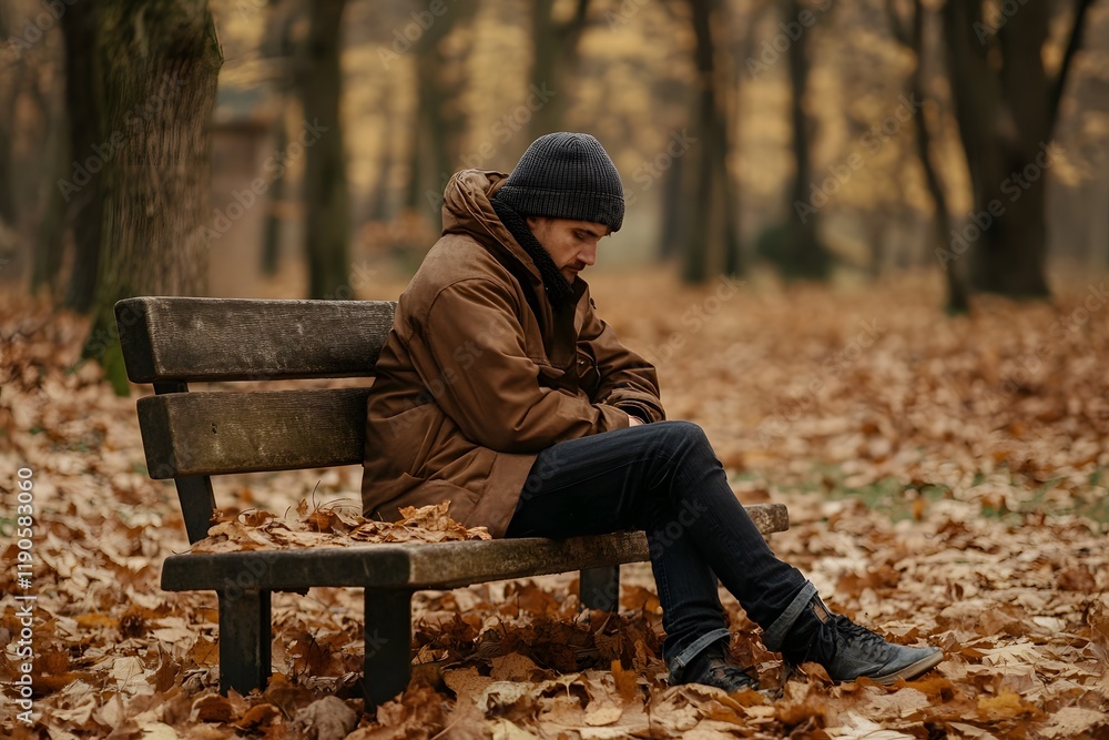 Fototapeta premium Sad Man Sitting on a Bench in Autumn Park