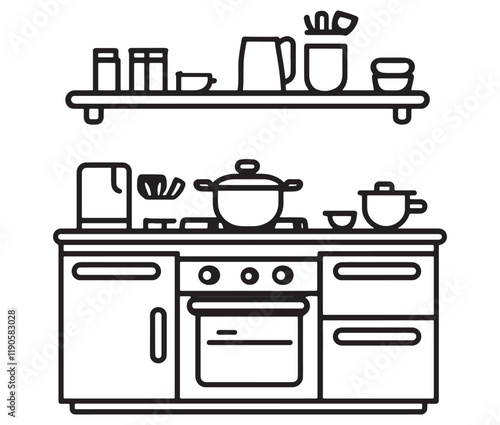 A black and white drawing of a kitchen, Line art kitchen furniture set