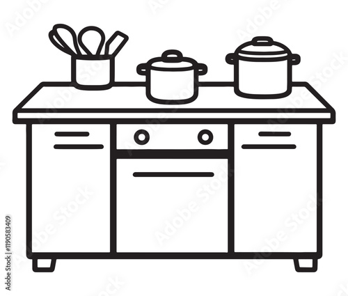A black and white drawing of a kitchen, Line art kitchen furniture set