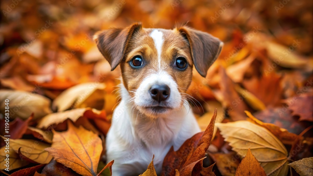 A jack russell puppy sitting on a pile of fallen autumn leaves A jack russell puppy sitting on a pile of fallen autumn leaves
