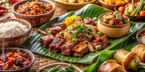 Filipino Street Food Macro Photography: Close-up Detail of Adobo, Sisig, Lumpia, Lechon, and Kakanin photo