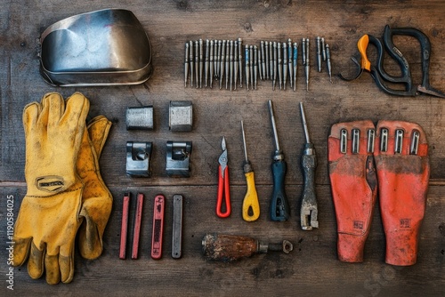 A creative flat lay of welding tools: gloves, electrodes, clamps, and a welding mask photo