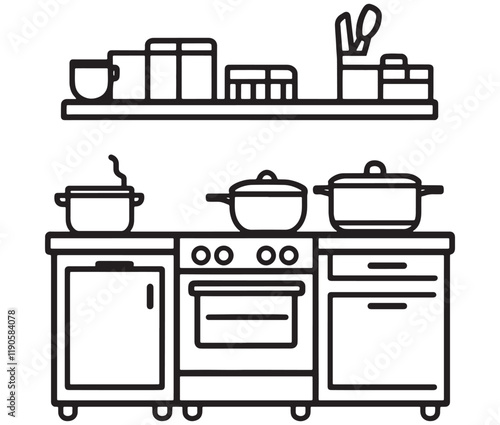 A black and white drawing of a kitchen, Line art kitchen furniture set